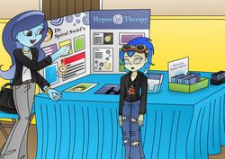 Size: 1280x906 | Tagged: safe, artist:lavenderrain24, oc, oc:blissful trance, oc:spiral swirl, equestria girls, g4, business suit, career day, clothes, display, goggles, hoodie, hypnosis, hypnotherapy, hypnotized, pocket watch, presentation, swirly eyes, table