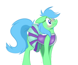 Size: 4096x3408 | Tagged: safe, artist:naivintage, oc, oc only, oc:spearmint, pony, 2 4 6 greaaat, blushing, cheerleader outfit, clothes, crossdressing, dress, male, nervous, not lyra, solo, stage fright, trap, trembling