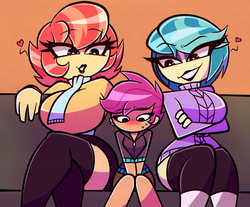 Size: 3500x2895 | Tagged: safe, artist:nelljoestar, aunt holiday, auntie lofty, scootaloo, human, equestria girls, g4, the last crusade, ara ara, aunt and niece, big breasts, blushing, breasts, busty aunt holiday, busty auntie lofty, clothes, disproportional anatomy, equestria girls-ified, female, heart, high res, huge breasts, imminent foalcon, imminent incest, implied incest, implied lesbian, smiling, this will end in incest