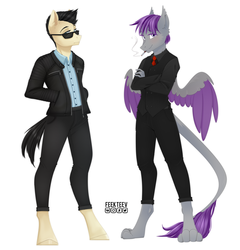 Size: 2862x2980 | Tagged: safe, artist:feekteev, oc, oc only, oc:corpsly, oc:lancer, sphinx, anthro, digitigrade anthro, unguligrade anthro, cigarette, clothes, commission, dress shirt, glasses, hand in pocket, high res, jacket, leonine tail, looking at you, male, necktie, pants, paws, simple background, smiling, smoking, sphinx oc, white background, wings
