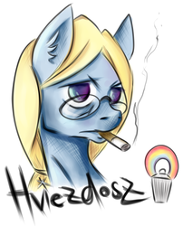 Size: 1274x1580 | Tagged: safe, artist:coco-drillo, oc, oc only, oc:hviezdosz, earth pony, pony, badge, blonde mane, blue fur, bust, cigarette, cigarette smoke, colorful, drug use, drugs, ear fluff, glasses, looking at you, male, no pupils, ponysona, ponytail, serious, serious face, simple background, smoking, solo, stallion, white background