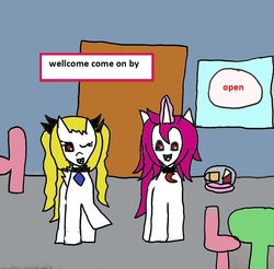 Size: 1057x1038 | Tagged: safe, artist:ask-luciavampire, oc, oc:yuki suger, pony, unicorn, vampire, vampony, 1000 hours in ms paint, ask, cafe, tumblr