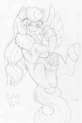 Size: 1602x2404 | Tagged: artist needed, safe, oc, oc:feather belle, pegasus, pony, chest fluff, cuffs (clothes), hair tie, monochrome, pencil drawing, smiling, traditional art