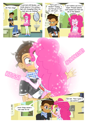 Size: 2480x3508 | Tagged: safe, artist:jucamovi1992, pinkie pie, oc, oc:copper plume, comic:the copperpie chronicles, equestria girls, equestria girls series, g4, angry, black eye, blood, blushing, bruised, canon x oc, clothes, comic, commission, commissioner:imperfectxiii, converse, copperpie, crossed arms, eye chart, female, geode of sugar bombs, glasses, high res, implied principal celestia, implied svengallop, jeans, jewelry, kissing, magical geodes, male, miniskirt, mirror, neckerchief, necklace, nurse's office, pants, pantyhose, sandals, shipping, shirt, shoes, sink, sitting, skirt, sneakers, straight, surprise kiss, text bubbles, window
