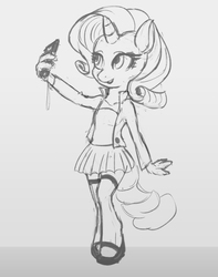 Size: 1006x1274 | Tagged: safe, artist:grissaecrim, rarity, anthro, unguligrade anthro, g4, cellphone, clothes, cute, female, jacket, lineart, mary janes, phone, pleated skirt, selfie, shirt, shoes, simple background, skirt, socks, solo, thigh highs, white background, zettai ryouiki