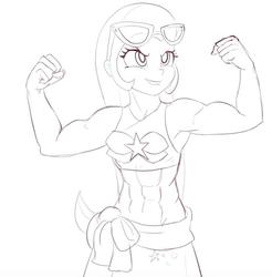 Size: 800x813 | Tagged: safe, artist:grissaecrim, trixie, equestria girls, equestria girls specials, g4, my little pony equestria girls: better together, my little pony equestria girls: forgotten friendship, abs, amazon, armpits, belly button, biceps, bikini, bikini top, clothes, female, flexing, grand and muscular trixie, lineart, lip bite, midriff, muscles, muscular female, sarong, scene interpretation, simple background, solo, sunglasses, swimsuit, white background