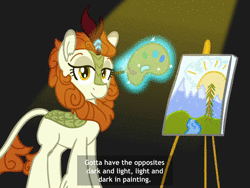 Size: 1440x1080 | Tagged: safe, artist:anonymous, autumn blaze, kirin, g4, animated, bob ross, canvas, color palette, drawthread, easel, female, mountain, no sound, paint, paintbrush, painting, ponified, requested art, river, solo, spotlight, subtitles, sun, text, tree, water, webm