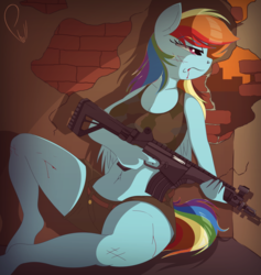 Size: 1421x1500 | Tagged: safe, artist:phyll, rainbow dash, pegasus, anthro, g4, assault rifle, belly button, blood, clothes, gun, imbel ia2, rifle, signature, weapon