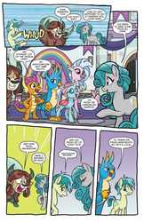 Size: 993x1528 | Tagged: safe, artist:tonyfleecs, idw, official comic, gallus, ocellus, sandbar, silverstream, smolder, swift foot, yona, changedling, changeling, classical hippogriff, dragon, earth pony, griffon, hippogriff, pony, thracian, yak, g4, spoiler:comic, spoiler:comicfeatsoffriendship01, bow, cloven hooves, comic, dragoness, excited, female, flirting, folded wings, hair bow, horns, male, mare, onomatopoeia, preview, rainbow, school of friendship, shipping fuel, shove, shy, speech bubble, student six, teenaged dragon, teenager, wings, young mare