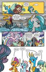 Size: 993x1528 | Tagged: safe, artist:tony fleecs, idw, official comic, gallus, ocellus, sandbar, silverstream, smolder, swift foot, yona, changedling, changeling, classical hippogriff, dragon, earth pony, griffon, hippogriff, pony, thracian, yak, g4, spoiler:comic, spoiler:comicfeatsoffriendship01, blushing, bow, comic, cute, dragoness, female, hair bow, male, mare, ocellus likes mares, pillar, preview, rainbow, sandabetes, school of friendship, speech bubble, stallion, student six, thrace