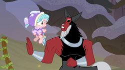 Size: 1920x1080 | Tagged: safe, screencap, cozy glow, lord tirek, centaur, pegasus, pony, frenemies (episode), g4, clothes, cozy glow is not amused, duo, female, filly, flying, foal, hat, male, nose piercing, nose ring, piercing, septum piercing, winter outfit