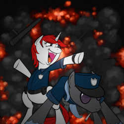 Size: 1000x1000 | Tagged: safe, artist:tapediggity, oc, oc only, oc:cherry 'n berries, oc:dodge charger, earth pony, pony, unicorn, fanfic:ponyville 911, bipedal, clothes, earth pony oc, explosion, fanfic art, horn, magic, police, telekinesis, unicorn oc