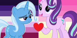 Size: 1000x500 | Tagged: safe, starlight glimmer, trixie, pony, g4, collage, female, heart, lesbian, outline, pride, pride flag, ship:startrix, shipping, shipping domino, white outline