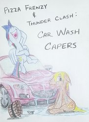 Size: 762x1048 | Tagged: safe, artist:pabrony83, oc, oc:pizza frenzy, oc:thunder clash, earth pony, pegasus, pony, annoyed, best friends, bucket, car wash, duo, duo male, flying, laughing, male, mazda, mazda rx8, offspring, parent:cheese sandwich, parent:pinkie pie, parent:rainbow dash, parent:soarin', parents:cheesepie, parents:soarindash, prank, sitting, stallion, text, traditional art, wet