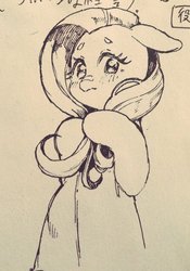 Size: 599x856 | Tagged: safe, artist:hotomura, fluttershy, g4, beanbrows, blushing, eyebrows, female, floppy ears, monochrome, nervous, solo, traditional art