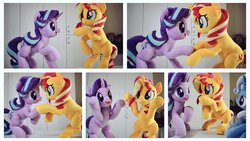 Size: 1024x576 | Tagged: safe, artist:nekokevin, starlight glimmer, sunset shimmer, trixie, pony, unicorn, series:nekokevin's glimmy, g4, bipedal, female, hooves in air, irl, looking at each other, magical trio, mare, open mouth, photo, plushie, raised hoof, smiling, underhoof