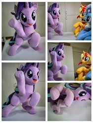 Size: 768x1024 | Tagged: safe, artist:nekokevin, starlight glimmer, sunset shimmer, trixie, pony, unicorn, series:nekokevin's glimmy, g4, female, irl, looking at you, lying down, magical trio, mare, open mouth, photo, plushie, raised hoof, sitting, smiling, underhoof