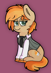 Size: 533x758 | Tagged: safe, artist:retro_hearts, oc, oc only, oc:parlay, earth pony, pony, clothes, female, freckles, mare, necktie, sitting, smiling, solo, unshorn fetlocks