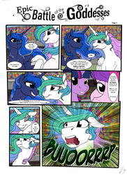 Size: 2550x3506 | Tagged: safe, artist:lupiarts, artist:snoopystallion, princess cadance, princess celestia, princess luna, twilight sparkle, alicorn, pony, comic:epic battle of the goddesses, g4, burp, burping contest, clapping, clapping ponies, collaboration, comic, competition, derp, expressions, female, floppy ears, funny, high res, laughing, majestic as fuck, mare, royal sisters, twilight sparkle (alicorn), wavy mouth