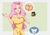 Size: 987x694 | Tagged: safe, artist:gamblingfoxinahat, angel bunny, discord, fluttershy, human, g4, she talks to angel, blushing, heart, humanized, implied discoshy, implied shipping, implied straight, ring, scene interpretation, smiling, wedding ring, yellow dress