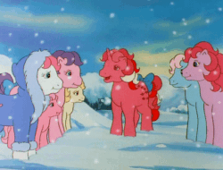 Size: 427x324 | Tagged: safe, screencap, baby lofty, baby tiddley-winks, galaxy (g1), heart throb, north star (g1), truly, wind whistler, earth pony, pegasus, pony, twinkle eyed pony, baby it's cold outside, g1, my little pony 'n friends, animated, baby loftybetes, baby tiddlybetes, bow, clothes, cute, female, g1 northabetes, galaxydorable, gif, heartthrobetes, it's just snow, jacket, mare, open mouth, snow, tail, tail bow, trulybetes, warm, whistlerbetes, winter