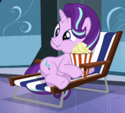 Size: 662x600 | Tagged: safe, screencap, starlight glimmer, pony, unicorn, g4, season 6, the crystalling, animated, aweeg*, chipmunk cheeks, cute, eating, female, food, gif, glimmerbetes, loop, mare, on side, open mouth, popcorn, puffy cheeks, reaction image, smiling, solo