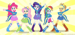 Size: 500x234 | Tagged: safe, screencap, applejack, fluttershy, pinkie pie, rainbow dash, rarity, equestria girls, g4, my little pony equestria girls, animated, boots, female, gif, helping twilight win the crown, high heel boots, humane five, shoes