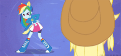Size: 500x234 | Tagged: safe, screencap, applejack, rainbow dash, equestria girls, g4, my little pony equestria girls, animated, boots, female, gif, helping twilight win the crown, one eye closed, shoes, wink