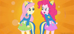 Size: 500x234 | Tagged: safe, screencap, fluttershy, pinkie pie, equestria girls, g4, my little pony equestria girls, animated, butt bump, butt to butt, butt touch, duo, female, gif, helping twilight win the crown