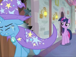 Size: 960x720 | Tagged: safe, screencap, trixie, twilight sparkle, alicorn, pony, a horse shoe-in, g4, cropped, crying, sad, school of friendship, twilight sparkle (alicorn)
