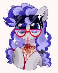 Size: 960x1200 | Tagged: safe, artist:mirtash, oc, oc only, oc:cinnabyte, earth pony, pony, rcf community, blue eyes, cinnamon, d-pad, dork, female, glasses, heart, heart eyes, looking at you, mare, milkshake, neckerchief, pigtails, simple background, sunglasses, twintails, white background, wingding eyes