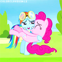 Size: 220x220 | Tagged: safe, screencap, pinkie pie, rainbow dash, earth pony, pegasus, pony, g4, wonderbolts academy, animated, duo, eyes closed, female, gif, holding a pony, shipping fuel