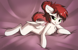 Size: 700x449 | Tagged: safe, alternate version, artist:kebchach, oc, oc only, oc:siren, pegasus, pony, bed, bedroom eyes, chest fluff, female, mare, palindrome get, tongue out