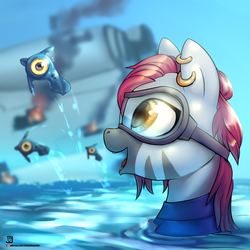 Size: 2000x2000 | Tagged: safe, artist:jedayskayvoker, oc, oc only, oc:zjin-wolfwalker, fish, peeper (subnautica), zebra, aurora, crossover, digital art, dive mask, ear piercing, earring, female, goggles, high res, jewelry, ocean, open mouth, patreon, patreon link, patreon logo, piercing, plushie, ponified, quadrupedal, smiling, solo, spaceship, stripes, subnautica, video game crossover, water, wetsuit, yellow eyes, zebra oc