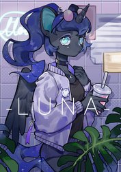 Size: 1450x2048 | Tagged: safe, artist:puzi, princess luna, alicorn, anthro, g4, alternate hairstyle, clothes, drinking straw, ear piercing, female, glasses, jeans, looking at you, pants, piercing, ponytail, solo