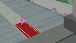 Size: 1920x1080 | Tagged: safe, screencap, pinkie pie, earth pony, pony, g4, the last laugh, bipedal, carpet, factory, female, gag factory, mare, red carpet, solo
