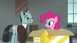 Size: 1920x1080 | Tagged: safe, screencap, pinkie pie, sans smirk, pony, g4, the last laugh, box, clothes, factory, gag factory, glasses, suit, window