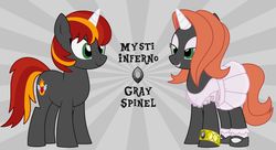 Size: 1600x873 | Tagged: safe, artist:evilfrenzy, oc, oc only, oc:mysti inferno, pony, unicorn, bracelet, clothes, colored horn, crossdressing, cutie mark, dress, femboy, frilly dress, frilly socks, gem, gray coat, horn, jewelry, lipstick, makeup, male, mary janes, shoes, show accurate, socks, solo, white horn