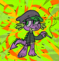 Size: 619x639 | Tagged: safe, artist:cate wurtz, spike, dragon, g4, abstract background, barb, cigarette, clothes, dragoness, drugs, fangs, female, hat, long sleeves, marijuana, rule 63, shirt, smoking, solo