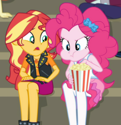 Size: 851x878 | Tagged: safe, screencap, pinkie pie, sunset shimmer, track starr, equestria girls, equestria girls series, g4, sock it to me, spoiler:choose your own ending (season 2), spoiler:eqg series (season 2), bleachers, cropped, eating, food, geode of empathy, geode of sugar bombs, magical geodes, popcorn, sock it to me: rarity