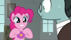 Size: 1920x1080 | Tagged: safe, screencap, pinkie pie, sans smirk, earth pony, pony, g4, the last laugh, cute, diapinkes, dripping, factory, female, flower, gag factory, glasses, male, mare, smiling, stallion, wet, window