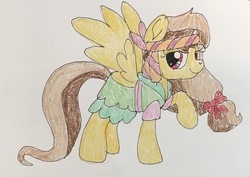 Size: 2273x1606 | Tagged: safe, artist:estories, artist:wolfspiritclan, oc, oc only, oc:alice goldenfeather, pegasus, pony, looking at you, pirate, raised hoof, simple background, smiling, solo, spread wings, traditional art, wings
