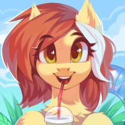 Size: 2000x2000 | Tagged: safe, artist:share dast, oc, oc only, oc:colonia, pony, bust, chest fluff, cute, drinking straw, female, high res, looking at you, mare, ocbetes, open mouth, smiling, solo