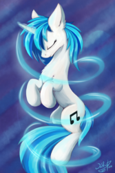 Size: 1449x2174 | Tagged: safe, artist:wolfypon, dj pon-3, vinyl scratch, pony, unicorn, g4, abstract background, eyes closed, female, floating, magic, mare, solo