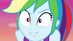 Size: 600x338 | Tagged: safe, screencap, rainbow dash, human, equestria girls, g4, my little pony equestria girls: choose your own ending, wake up!, wake up!: rainbow dash, animated, close-up, female, pointing at self, rainbow dash is best facemaker, solo