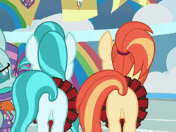 Size: 640x480 | Tagged: safe, screencap, lighthoof, ocellus, shimmy shake, snips, yona, changedling, changeling, earth pony, pony, yak, 2 4 6 greaaat, g4, animated, butt, cheerleader outfit, clothes, cropped, female, gif, hay bale, mare, pleated skirt, plot, ponytail, skirt, skirt lift, technically an upskirt shot, upskirt