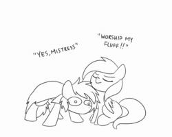 Size: 560x448 | Tagged: safe, artist:sugar morning, oc, oc only, oc:bizarre song, oc:sugar morning, pegasus, pony, animated, cape, chest fluff, clothes, couple, dialogue, eyes closed, female, funny, funny as hell, gif, lineart, male, mare, mistress, monochrome, simple background, snuggling, stallion, sugarre, text, white background, woonoggles, worship