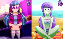 Size: 1621x1023 | Tagged: safe, artist:the-butch-x, edit, part of a set, juniper montage, starlight, starshine, equestria girls, equestria girls series, mirror magic, movie magic, spoiler:eqg specials, background human, bandeau, barefoot, beach, beach babe, bikini, bikini babe, bow, breasts, busty starlight, butch's hello, clothes, compilation, concession stand, crossed legs, cute, equestria girls logo, feet, female, glasses, hands in lap, hello x, kneesocks, looking at you, midriff, pigtails, sitting, skirt, smiling, socks, solo, striped swimsuit, swimsuit, theater, twintails