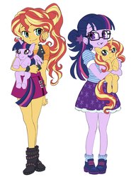 Size: 1515x2048 | Tagged: safe, artist:5mmumm5, sci-twi, sunset shimmer, twilight sparkle, alicorn, human, pony, unicorn, equestria girls, equestria girls series, g4, clothes, duo, duo female, female, glasses, holding a pony, hug, hugging a pony, human ponidox, nail polish, ponytail, self ponidox, smiling, twilight sparkle (alicorn), twolight