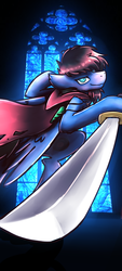Size: 348x768 | Tagged: safe, artist:sugar morning, oc, oc only, oc:bizarre song, pegasus, pony, cape, clothes, jewelry, looking at you, necklace, smiling, smiling at you, solo, stained glass, sword, weapon, wings
